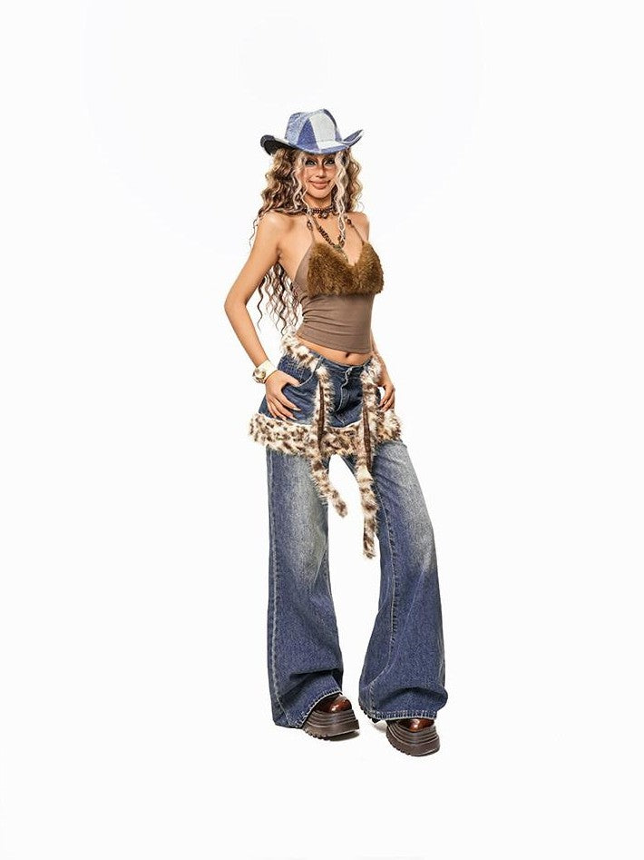 sugartiger Blue Tie Dye Caramel Leopard Wide Brim Flat Top Women's Cowboy Hats