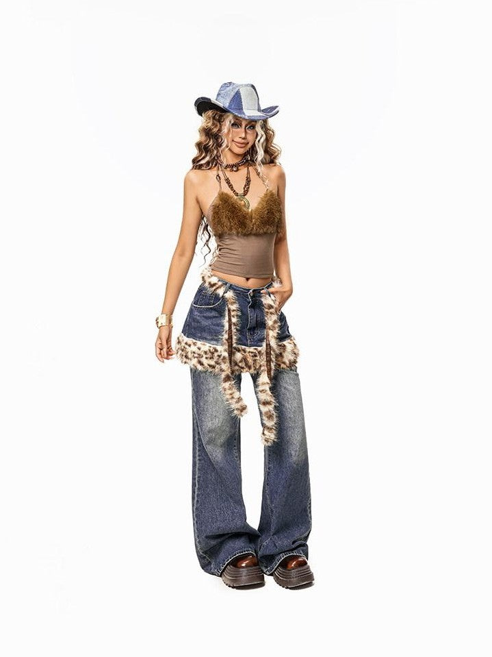 sugartiger Blue Tie Dye Caramel Leopard Wide Brim Flat Top Women's Cowboy Hats