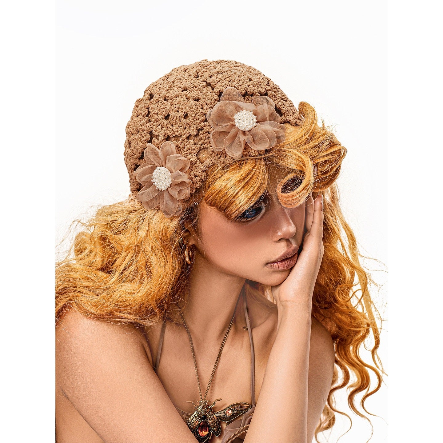sugartiger_Caramel_Eyelet_Floral_Ethnic_Women's_Hand_Crochet_Knit_Breathable_Flat_Caps_1034976333206_MISSTT