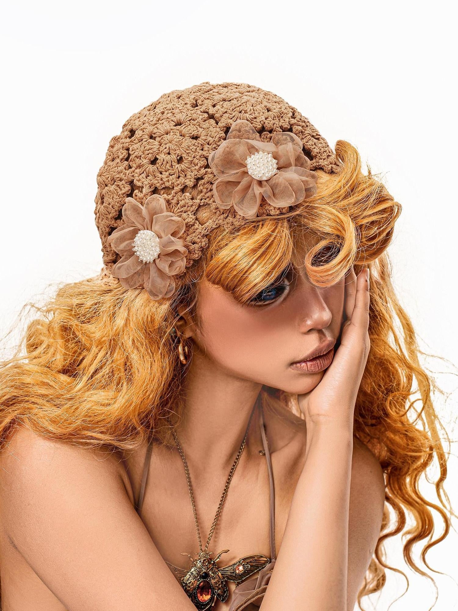 sugartiger Caramel Eyelet Floral Ethnic Women's Hand Crochet Knit Breathable Flat Caps