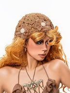 sugartiger Caramel Eyelet Floral Ethnic Women's Hand Crochet Knit Breathable Flat Caps