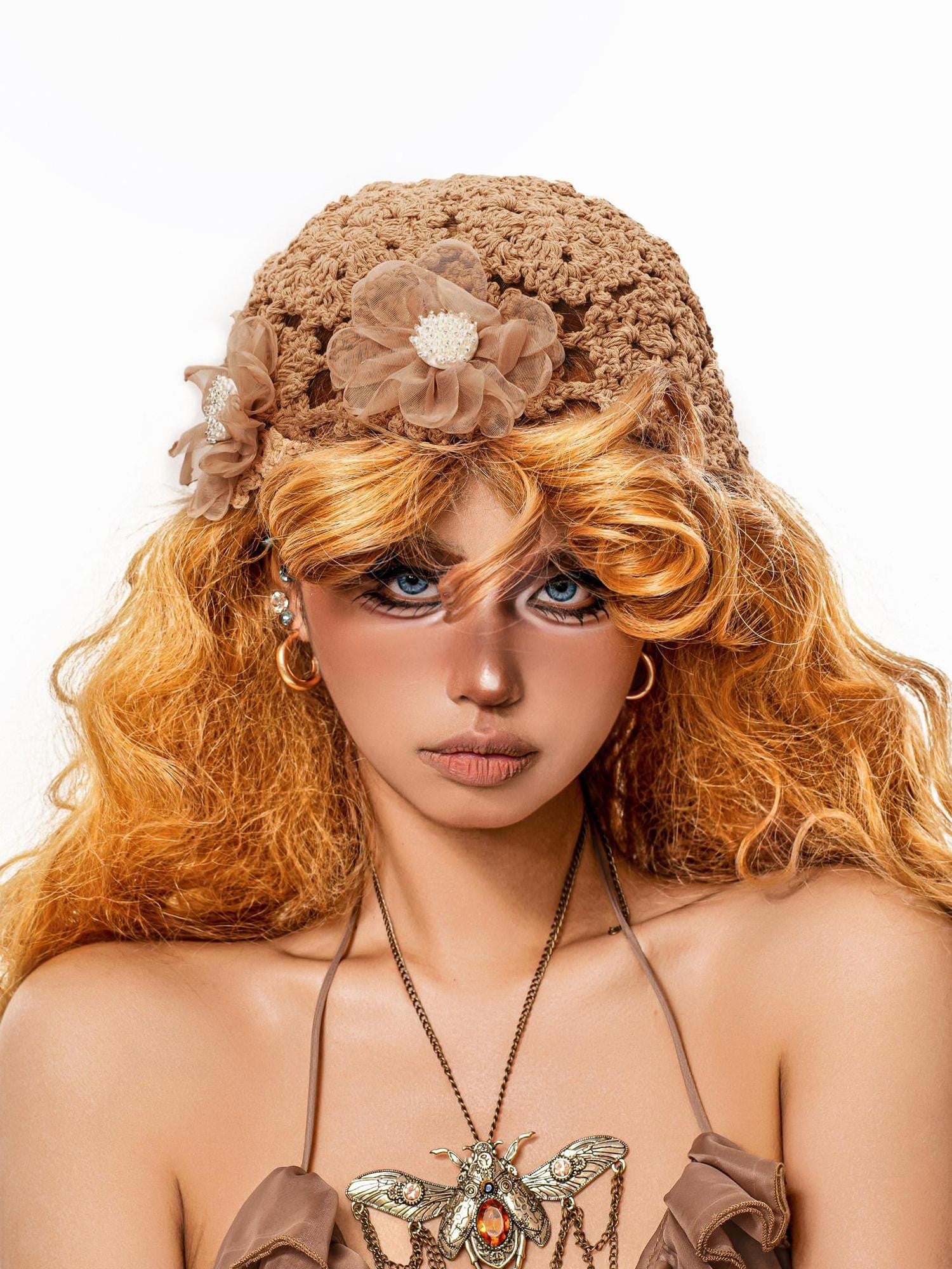 sugartiger Caramel Eyelet Floral Ethnic Women's Hand Crochet Knit Breathable Flat Caps