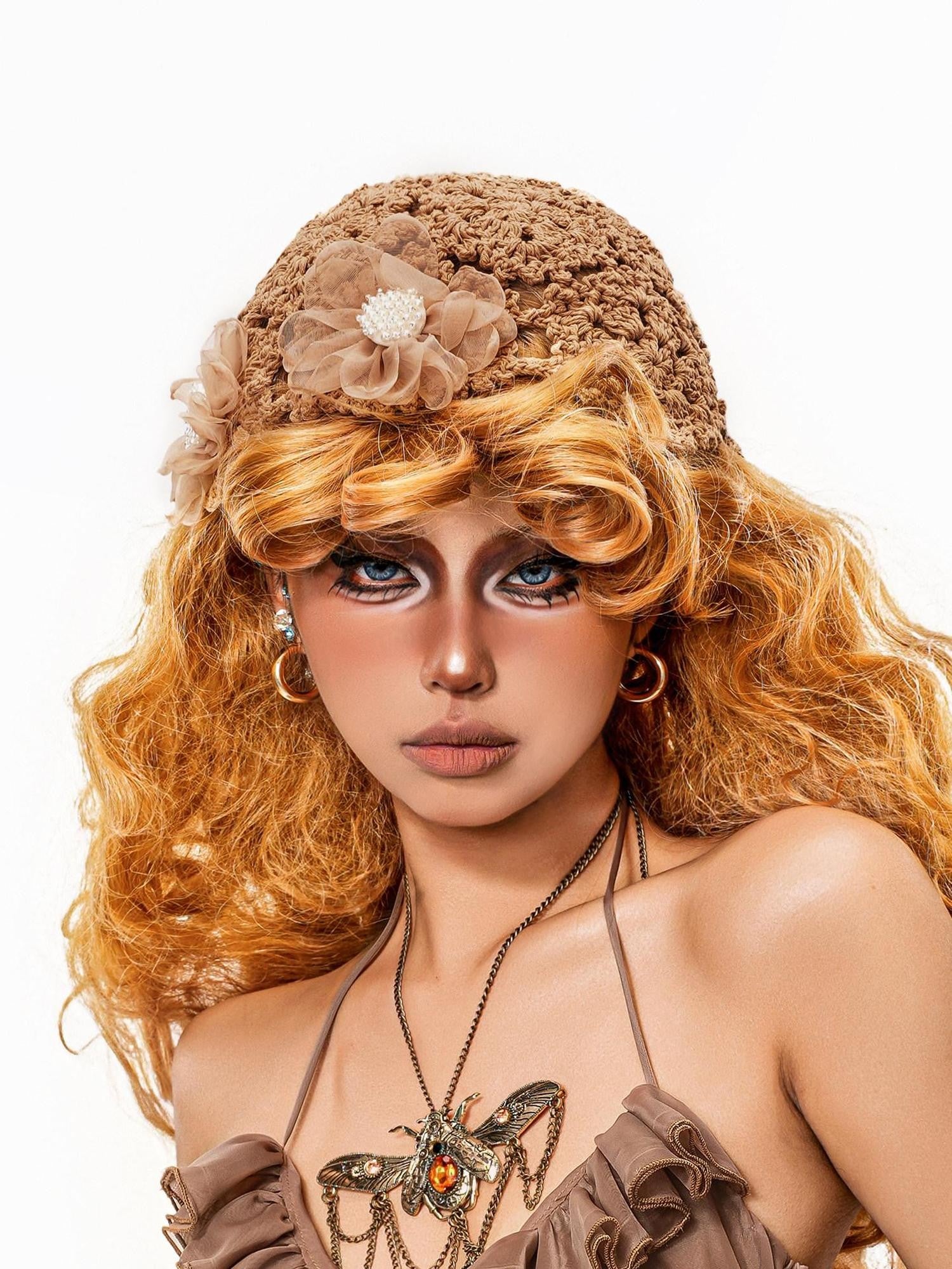 sugartiger Caramel Eyelet Floral Ethnic Women's Hand Crochet Knit Breathable Flat Caps
