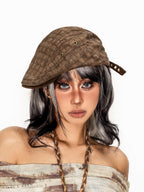 sugartiger Caramel Leopard Accent Vintage Plaid Flat Top Newsboy Street Women's Berets