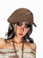 sugartiger Caramel Leopard Accent Vintage Plaid Flat Top Newsboy Street Women's Berets