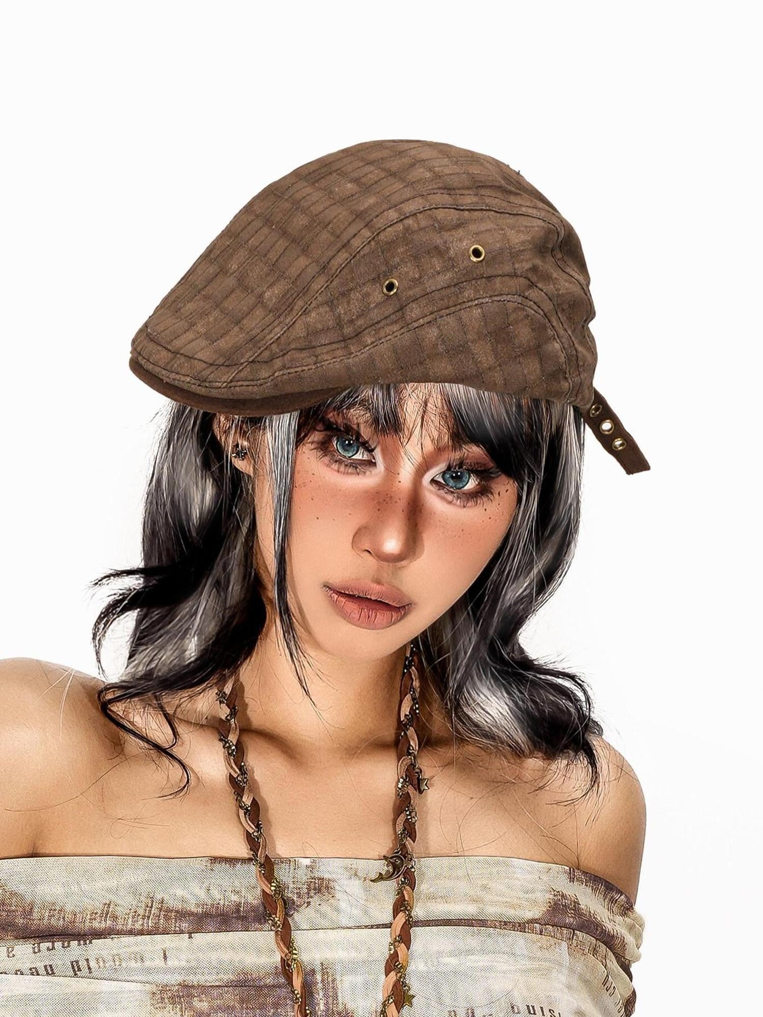 sugartiger Caramel Leopard Accent Vintage Plaid Flat Top Newsboy Street Women's Berets