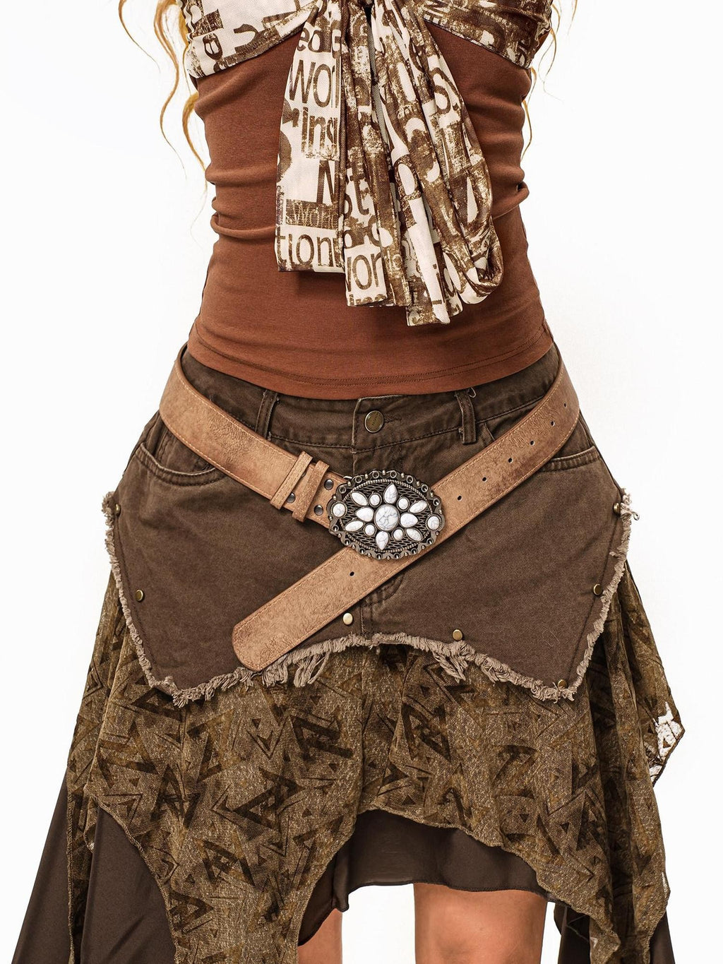 sugartiger Caramel Leopard Antique Copper Floral Carved Patchwork Western Women's Belts