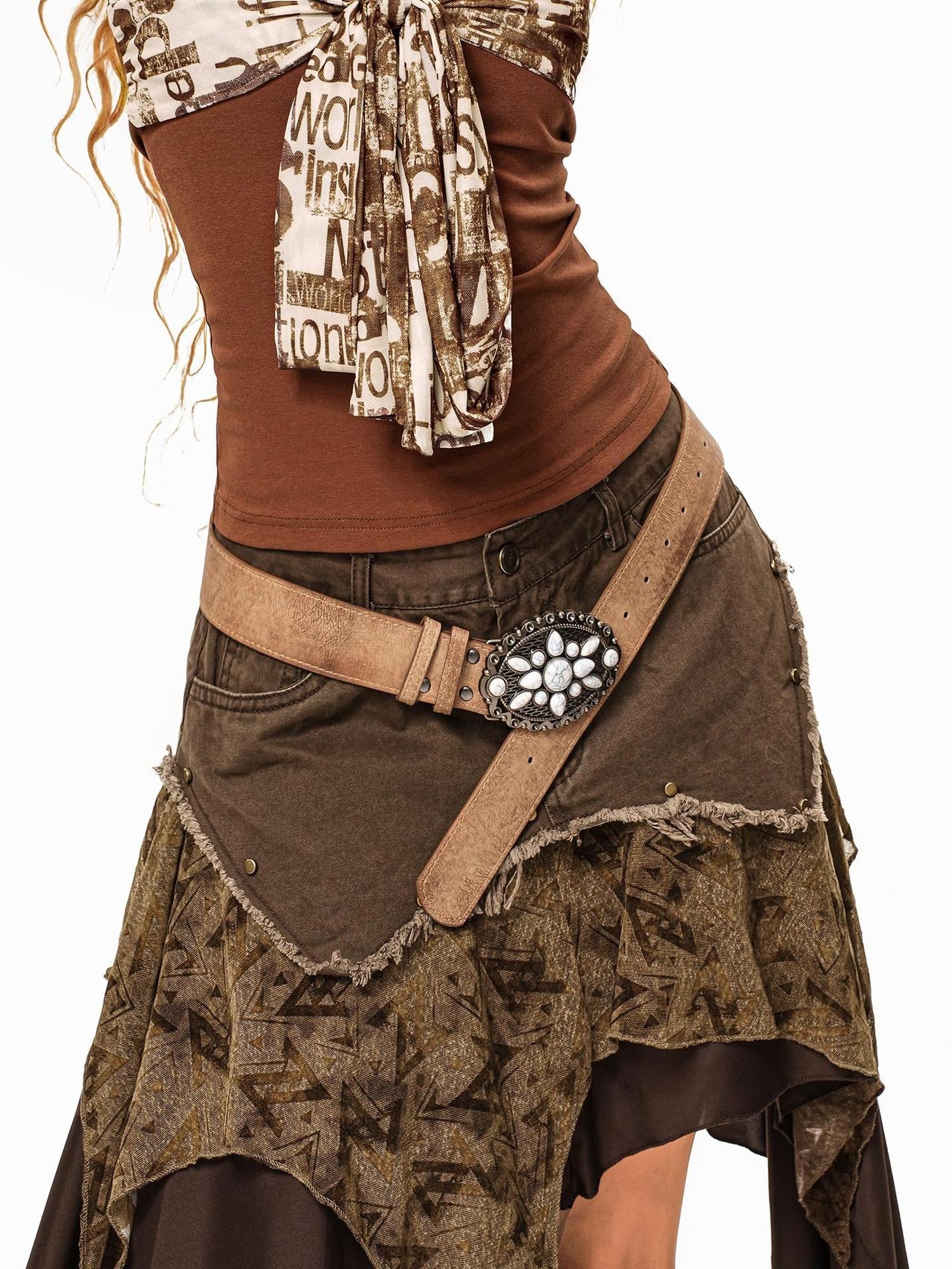 sugartiger Caramel Leopard Antique Copper Floral Carved Patchwork Western Women's Belts