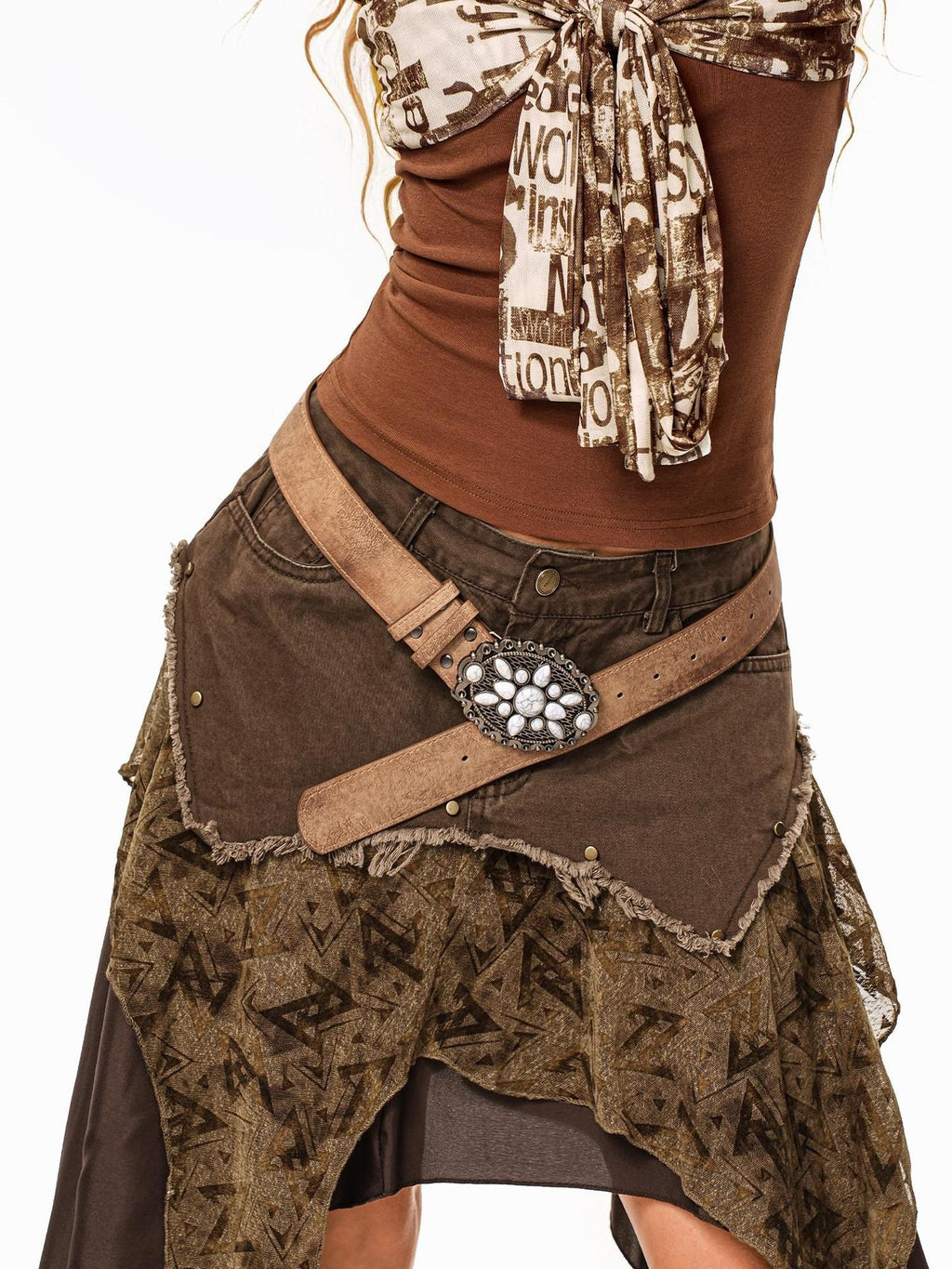 sugartiger Caramel Leopard Antique Copper Floral Carved Patchwork Western Women's Belts