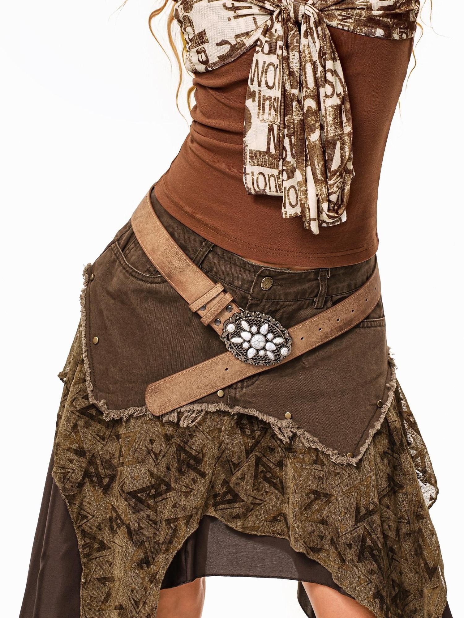 sugartiger Caramel Leopard Antique Copper Floral Carved Patchwork Western Women's Belts