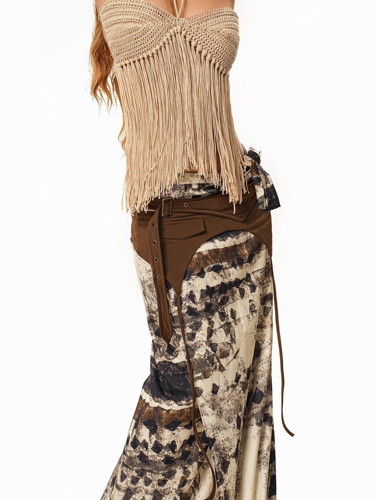 sugartiger Caramel Leopard Asymmetrical Ribbon Waist Cincher Women's Belts