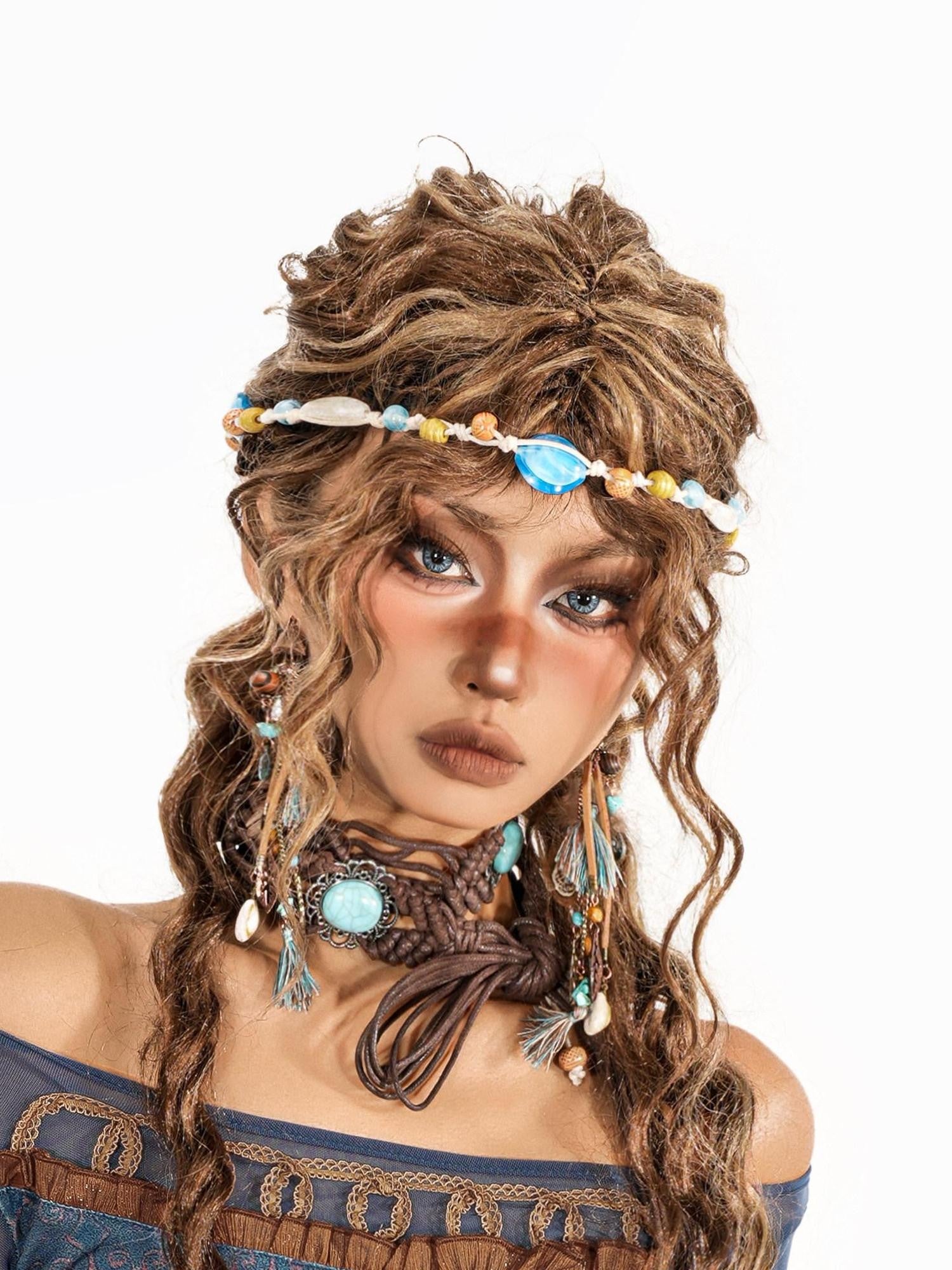 sugartiger Caramel Leopard Bohemian Beaded Handwoven Women's Woven Cord Hair Accessories