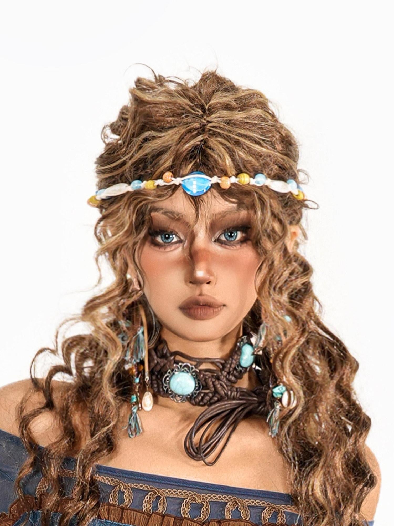 sugartiger Caramel Leopard Bohemian Beaded Handwoven Women's Woven Cord Hair Accessories