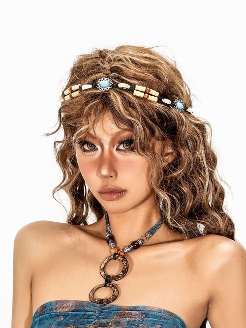 sugartiger Caramel Leopard Bohemian Shell Bead Forehead Pendant Woven Women's Headdresses