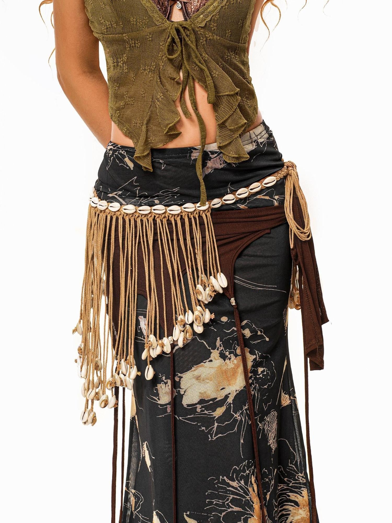 sugartiger Caramel Leopard Bohemian Tassel Vintage Women's Knitted Shell Belts