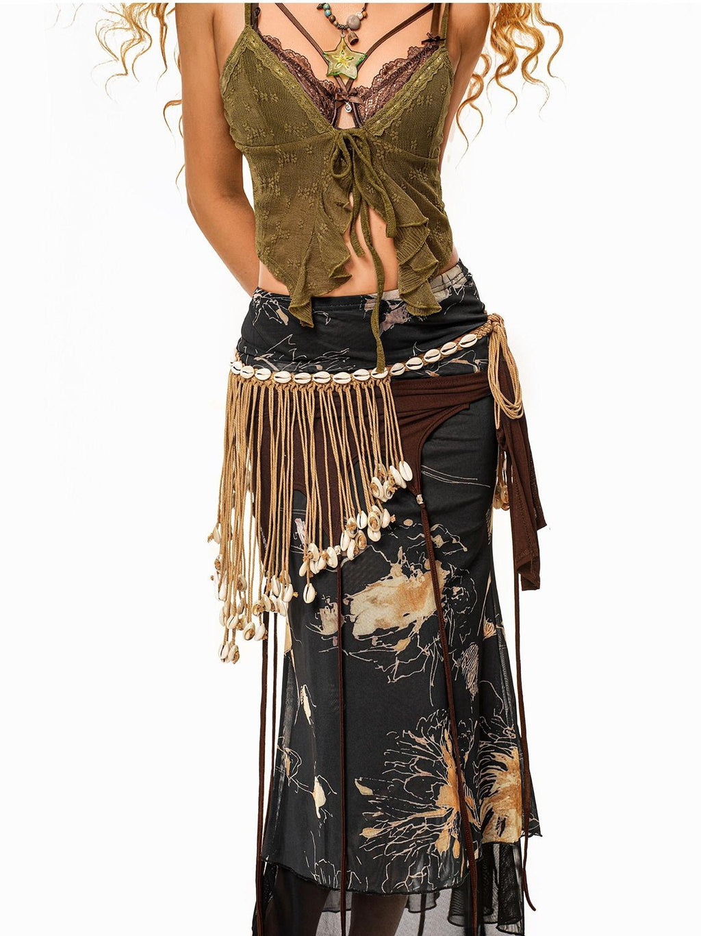 sugartiger Caramel Leopard Bohemian Tassel Vintage Women's Knitted Shell Belts
