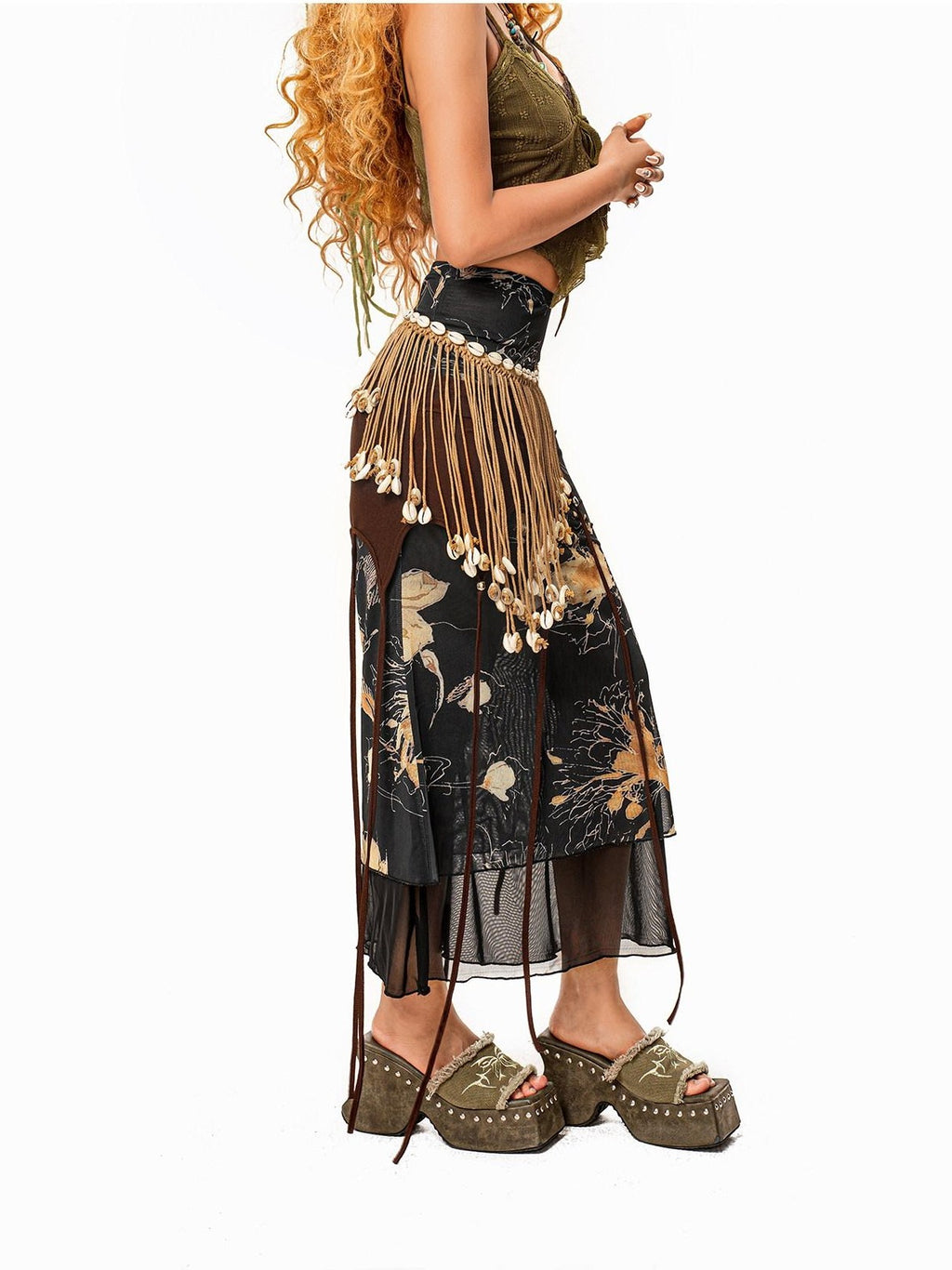 sugartiger Caramel Leopard Bohemian Tassel Vintage Women's Knitted Shell Belts