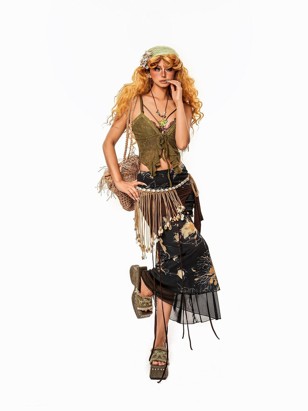 sugartiger Caramel Leopard Bohemian Tassel Vintage Women's Knitted Shell Belts