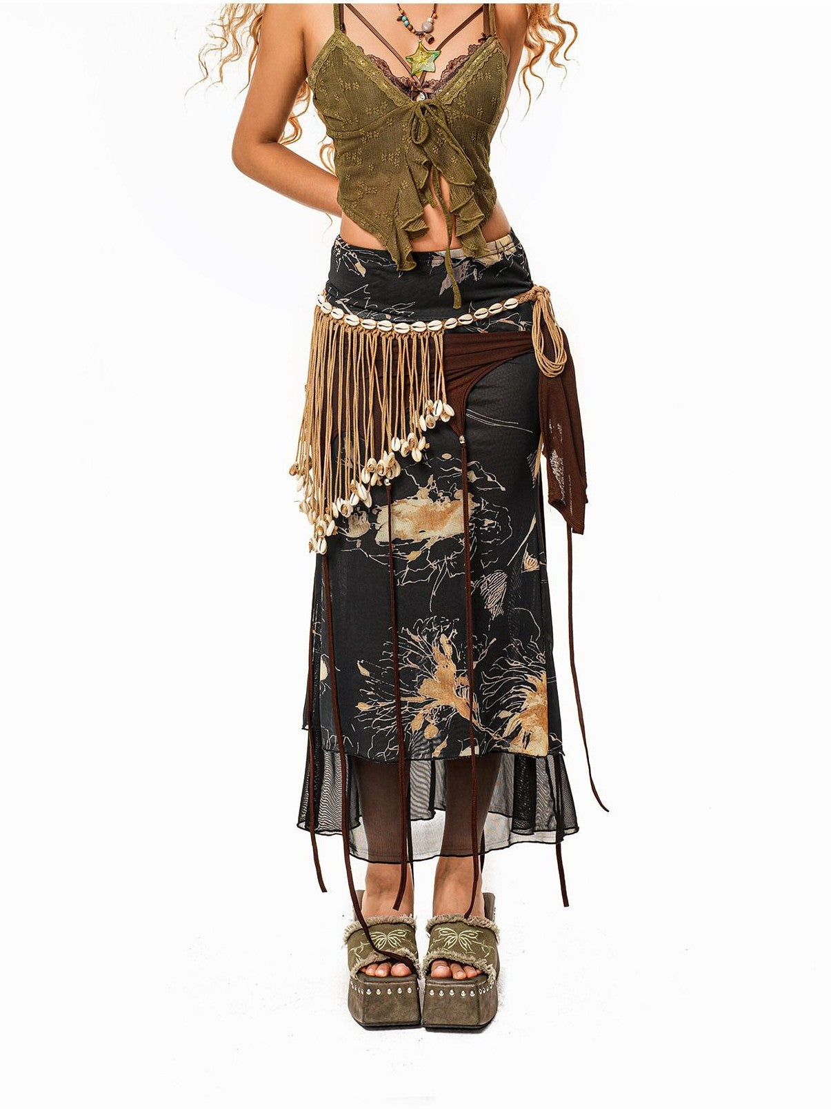 sugartiger Caramel Leopard Bohemian Tassel Vintage Women's Knitted Shell Belts