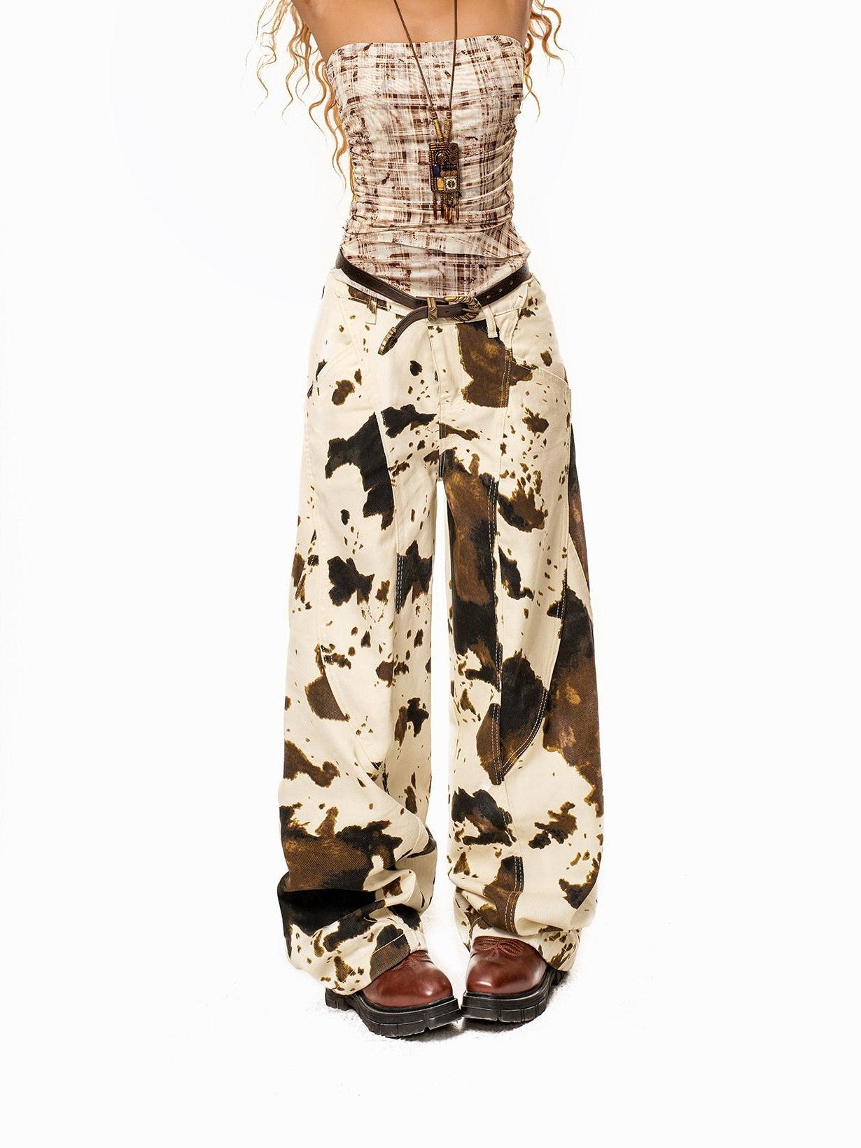 sugartiger Caramel Leopard Brass Buckle Woven Y2k Women's Leather Belts