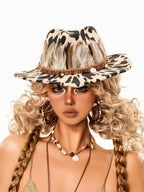 sugartiger Caramel Leopard Cow Print Wide Brim Flat Top Women's Cowboy Hats