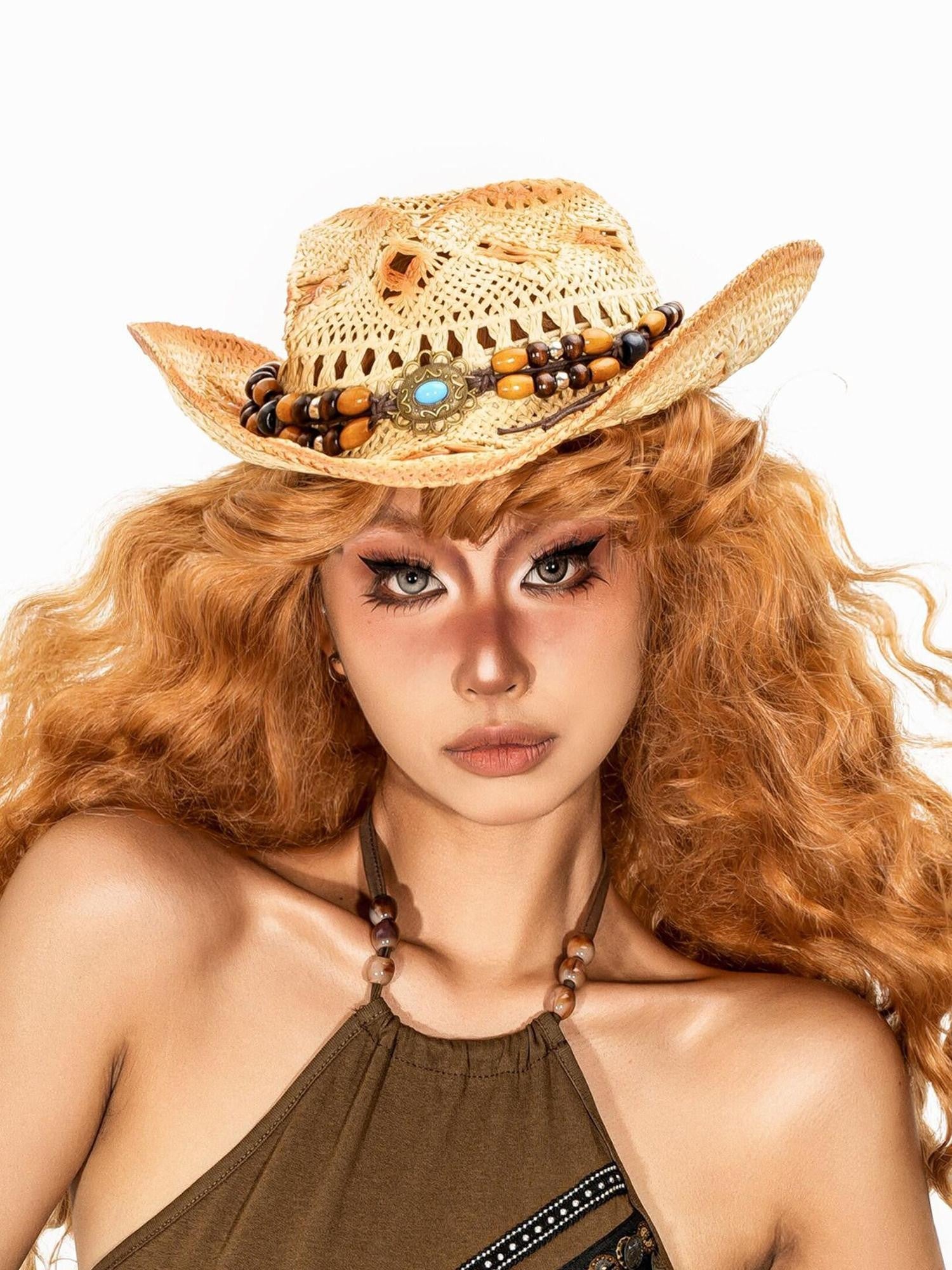 sugartiger Caramel Leopard Cutout Vintage Wide Brim Women's Raffia Straw Cowboy Hats