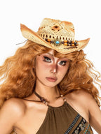 sugartiger Caramel Leopard Cutout Vintage Wide Brim Women's Raffia Straw Cowboy Hats