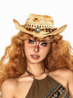 sugartiger Caramel Leopard Cutout Vintage Wide Brim Women's Raffia Straw Cowboy Hats