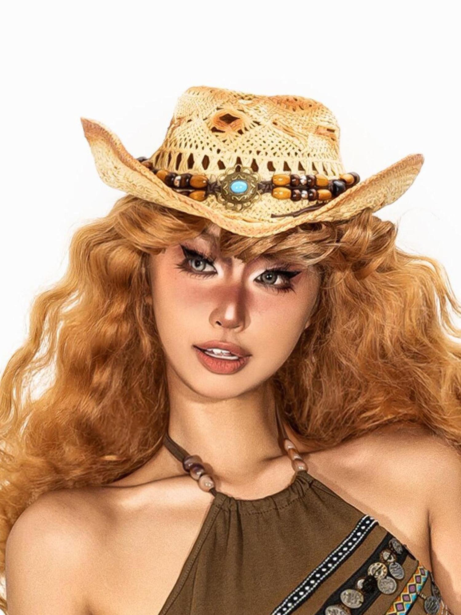 sugartiger Caramel Leopard Cutout Vintage Wide Brim Women's Raffia Straw Cowboy Hats
