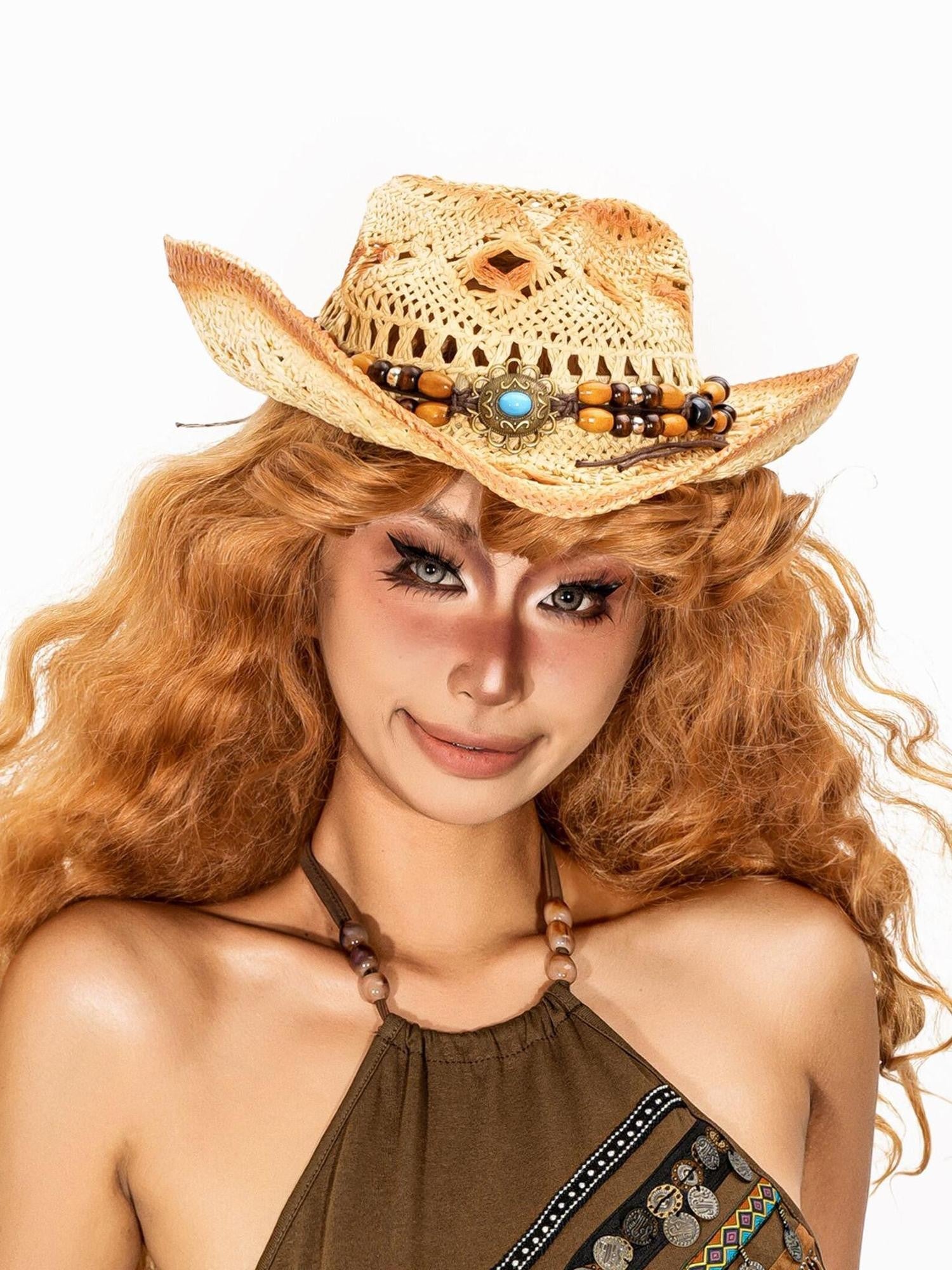 sugartiger Caramel Leopard Cutout Vintage Wide Brim Women's Raffia Straw Cowboy Hats