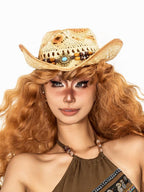 sugartiger Caramel Leopard Cutout Vintage Wide Brim Women's Raffia Straw Cowboy Hats