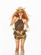 sugartiger Caramel Leopard Cutout Vintage Wide Brim Women's Raffia Straw Cowboy Hats