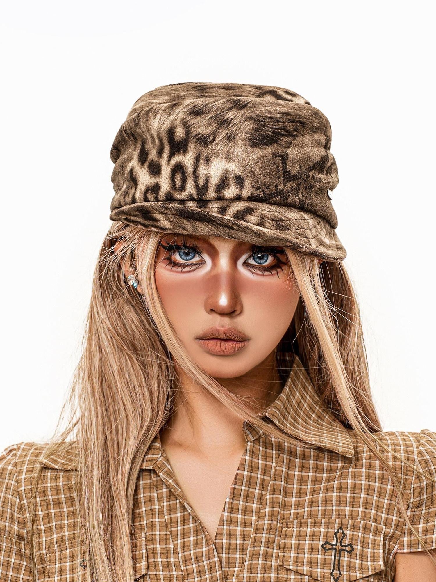 sugartiger Caramel Leopard Distressed Newsboy Round Top Flat Brim Women's Berets