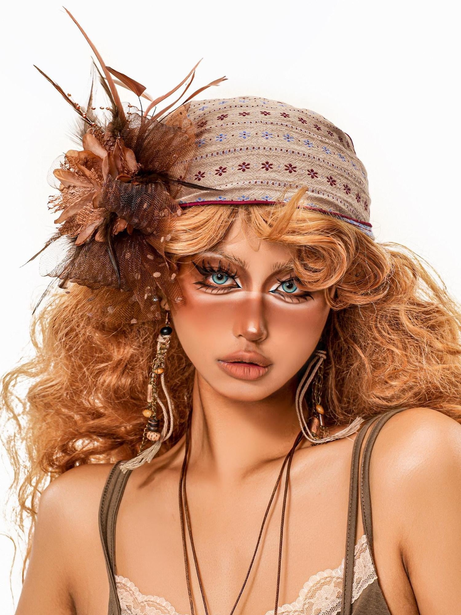 sugartiger Caramel Leopard Ethnic Floral Triangle Women's Cotton Linen Headdresses