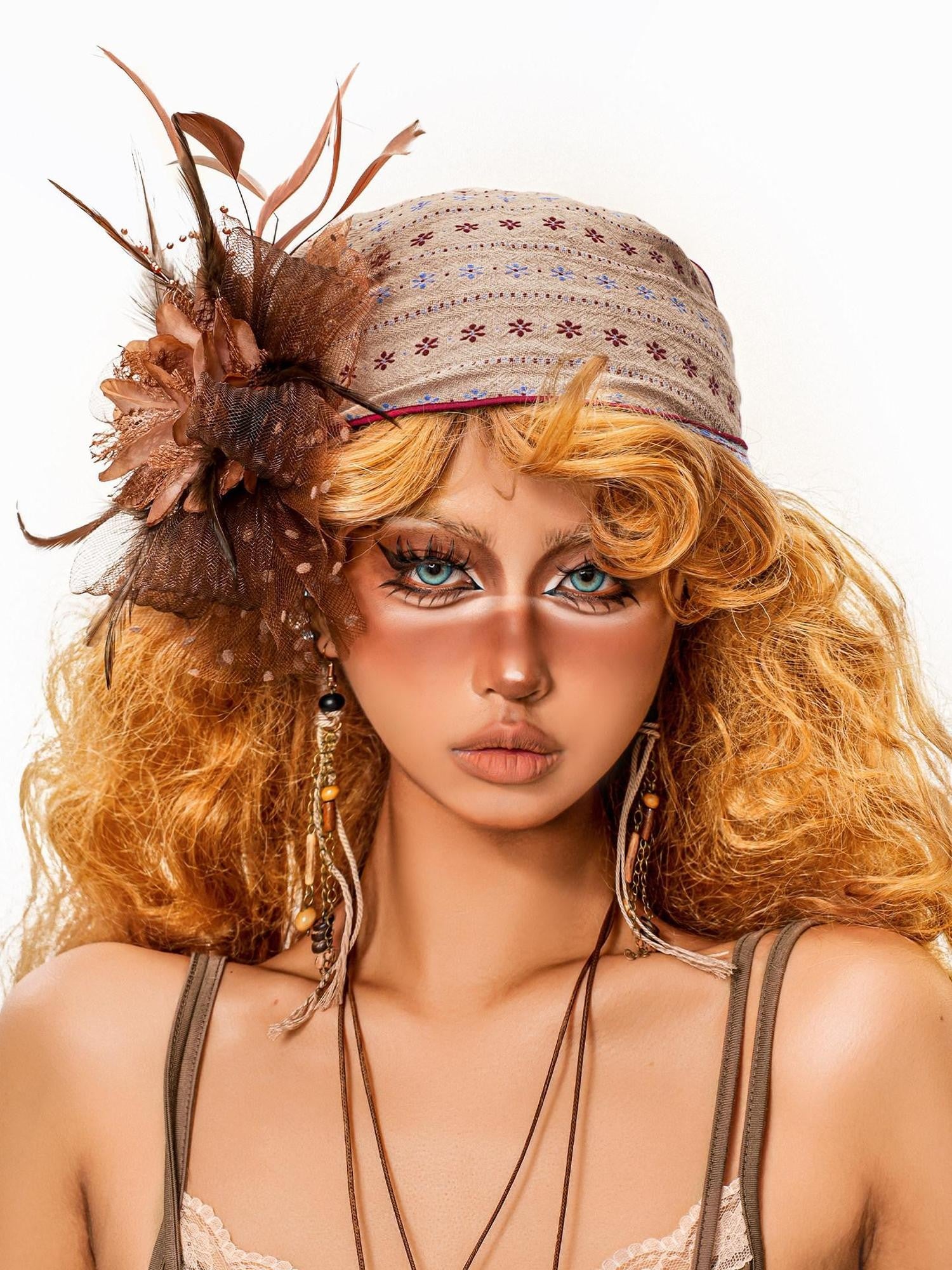 sugartiger Caramel Leopard Ethnic Floral Triangle Women's Cotton Linen Headdresses