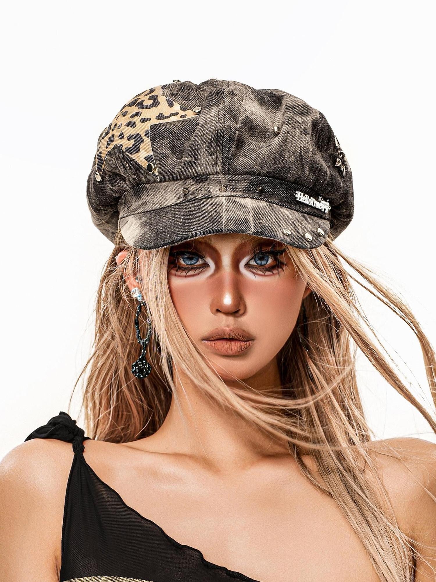 sugartiger Caramel Leopard Five Point Star Patchwork Tie Dye Vintage Women's Denim Berets