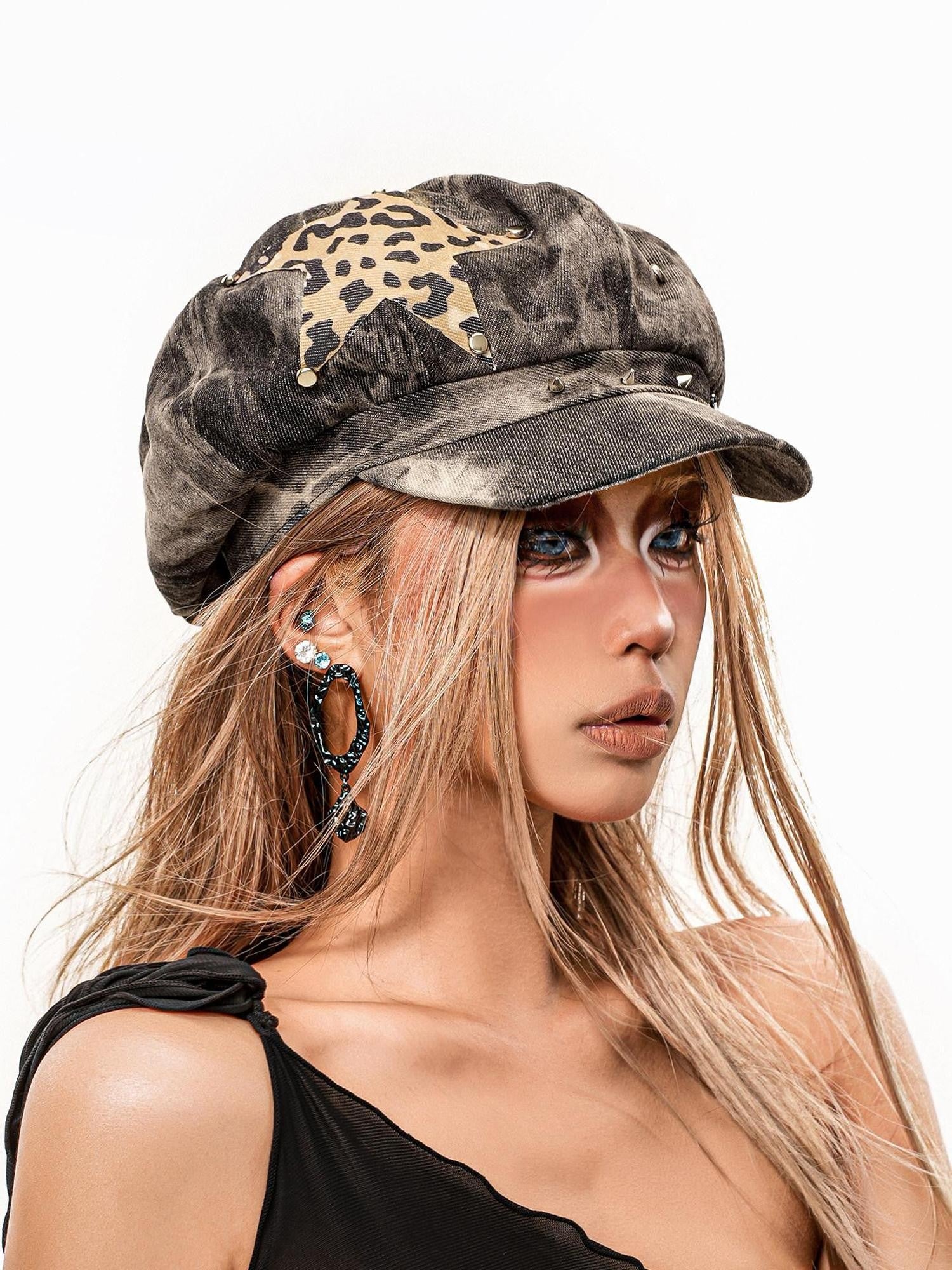 sugartiger Caramel Leopard Five Point Star Patchwork Tie Dye Vintage Women's Denim Berets