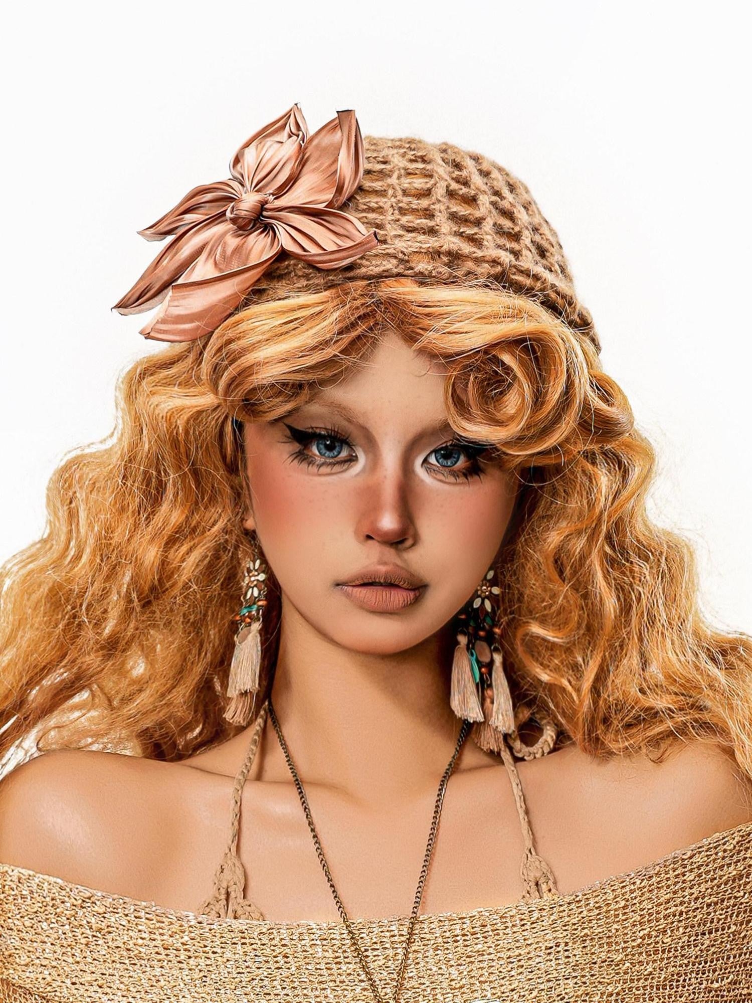 sugartiger Caramel Leopard Handwoven Hollow Knit 3d Flower Turban Women's Knit Hats