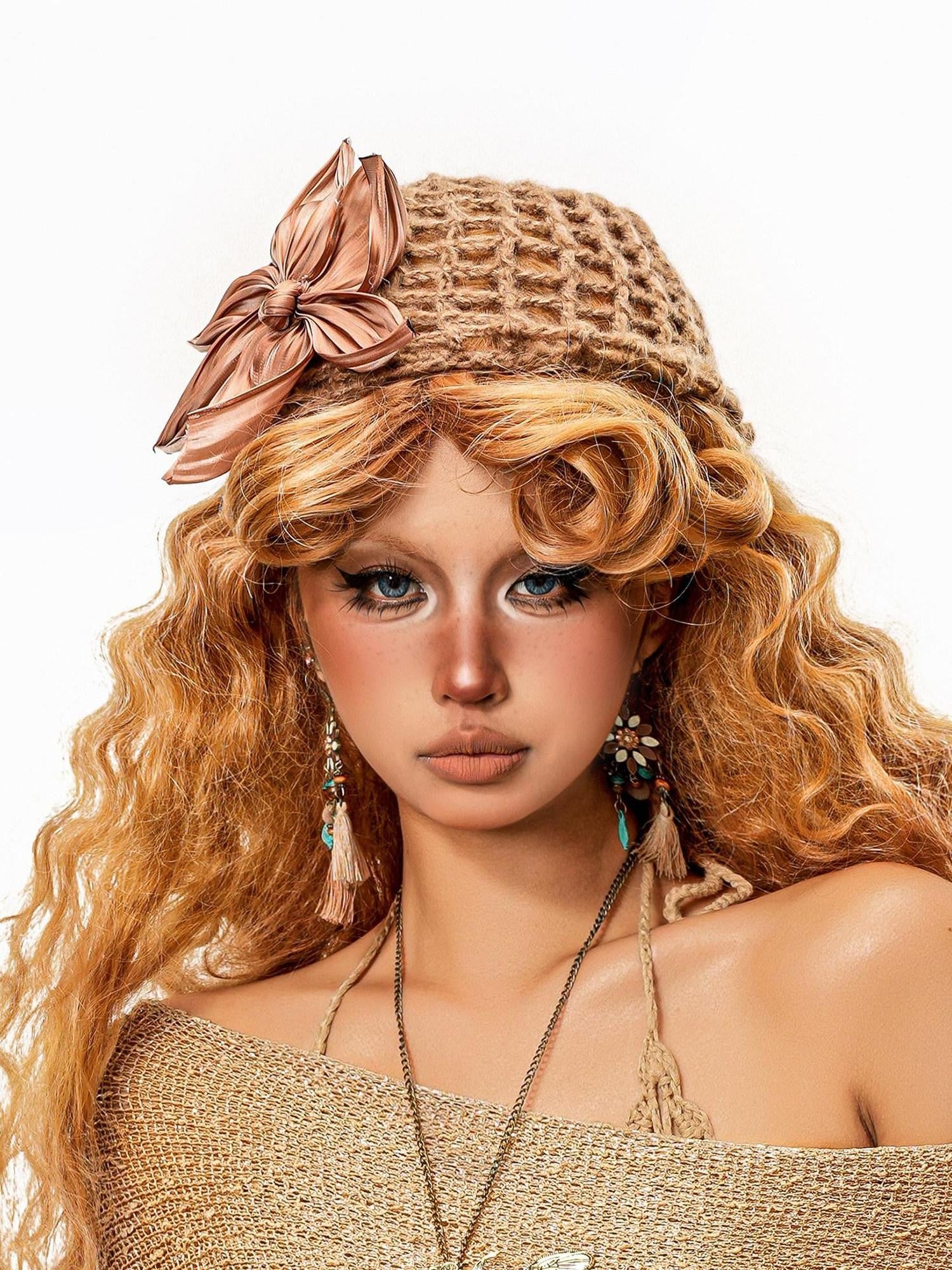 sugartiger Caramel Leopard Handwoven Hollow Knit 3d Flower Turban Women's Knit Hats