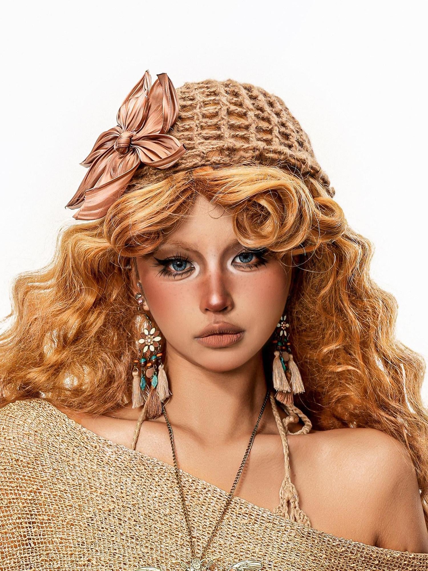 sugartiger Caramel Leopard Handwoven Hollow Knit 3d Flower Turban Women's Knit Hats