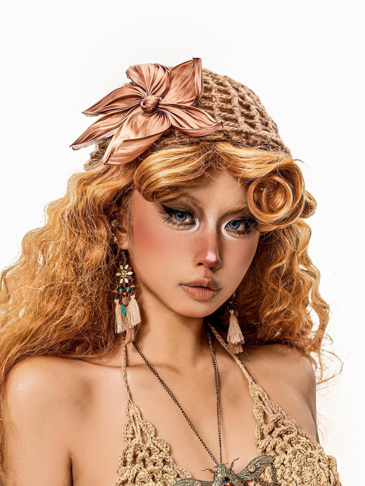 sugartiger Caramel Leopard Handwoven Hollow Knit 3d Flower Turban Women's Knit Hats