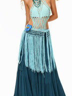 sugartiger Caramel Leopard Hollow Knit Tassel Woven Hip Scarf Women's Light Blue Belts