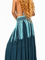 sugartiger Caramel Leopard Hollow Knit Tassel Woven Hip Scarf Women's Light Blue Belts