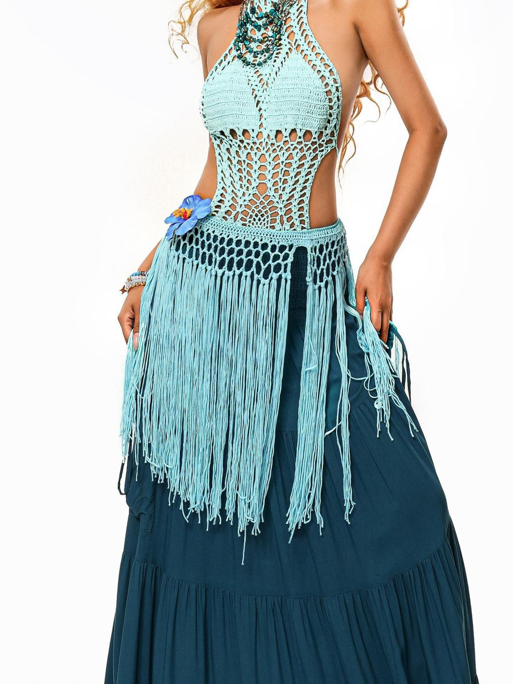 sugartiger Caramel Leopard Hollow Knit Tassel Woven Hip Scarf Women's Light Blue Belts