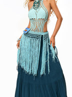 sugartiger Caramel Leopard Hollow Knit Tassel Woven Hip Scarf Women's Light Blue Belts