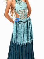 sugartiger Caramel Leopard Hollow Knit Tassel Woven Hip Scarf Women's Light Blue Belts