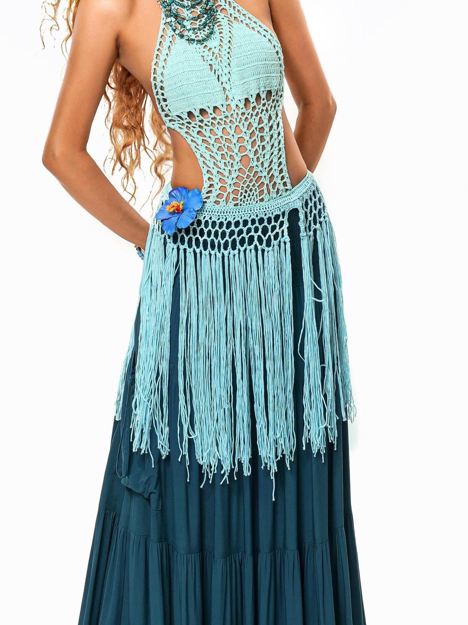 sugartiger Caramel Leopard Hollow Knit Tassel Woven Hip Scarf Women's Light Blue Belts