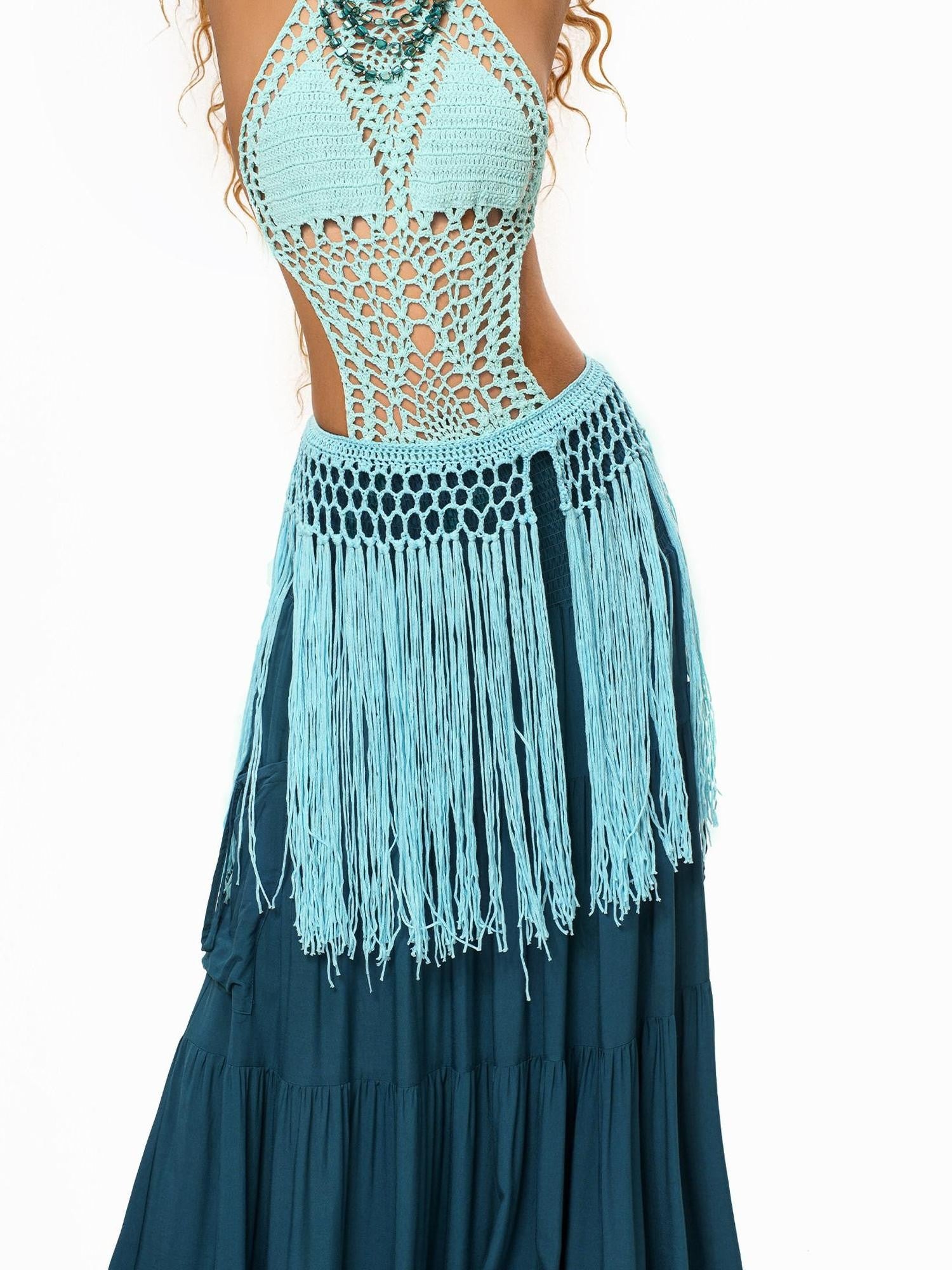 sugartiger Caramel Leopard Hollow Knit Tassel Woven Hip Scarf Women's Light Blue Belts