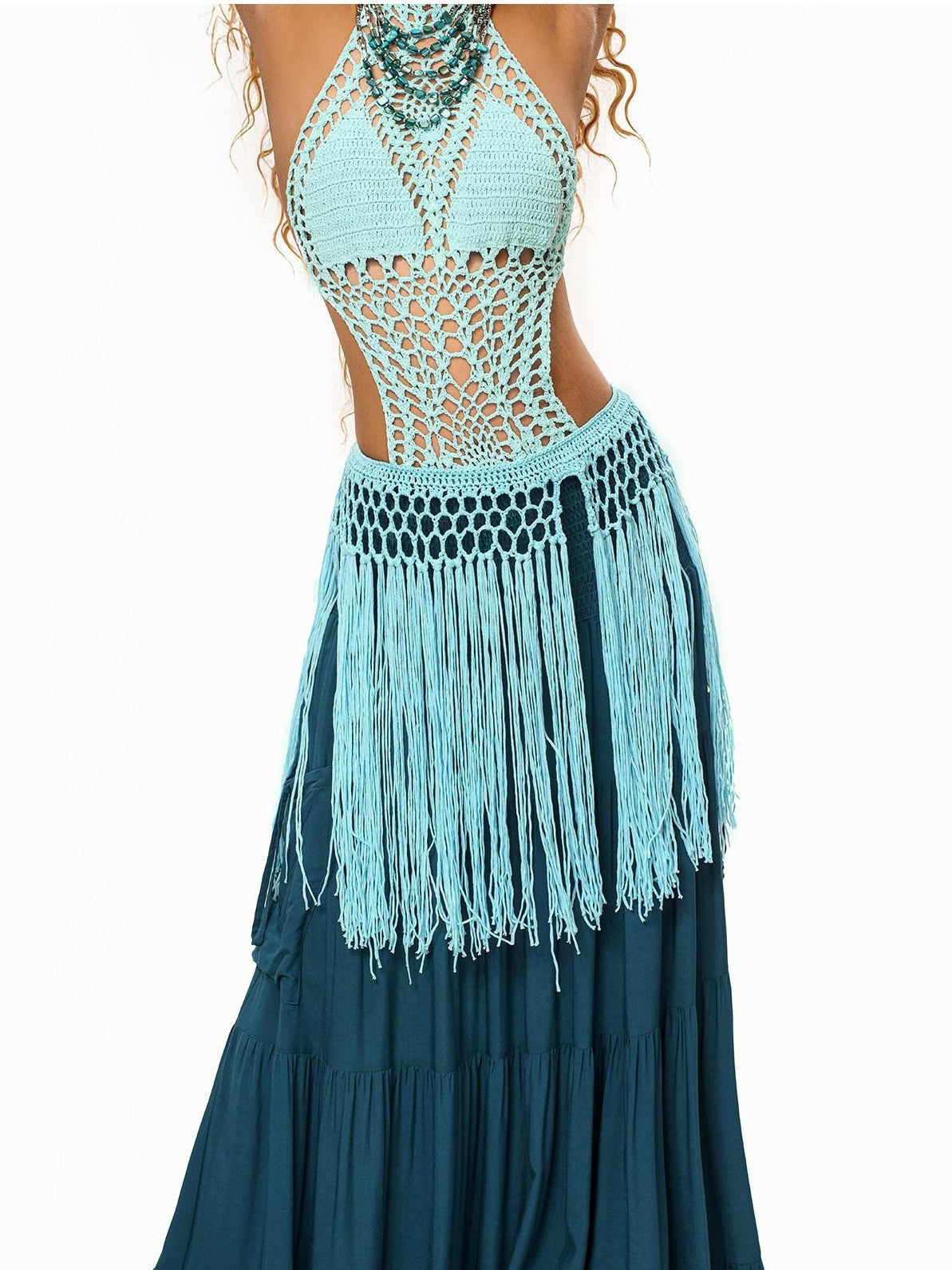 sugartiger Caramel Leopard Hollow Knit Tassel Woven Hip Scarf Women's Light Blue Belts