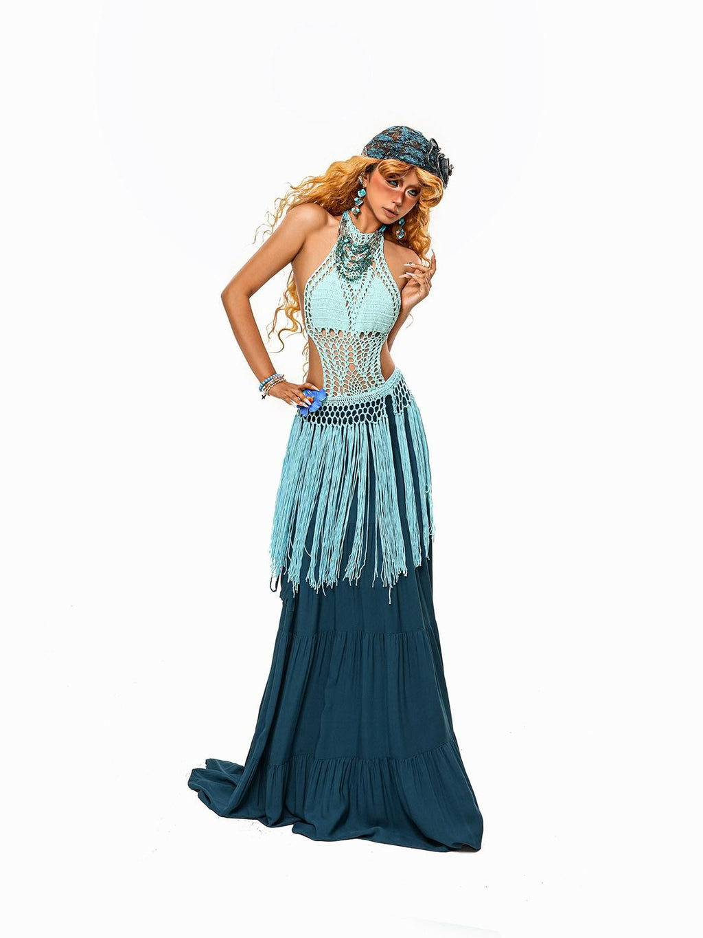sugartiger Caramel Leopard Hollow Knit Tassel Woven Hip Scarf Women's Light Blue Belts